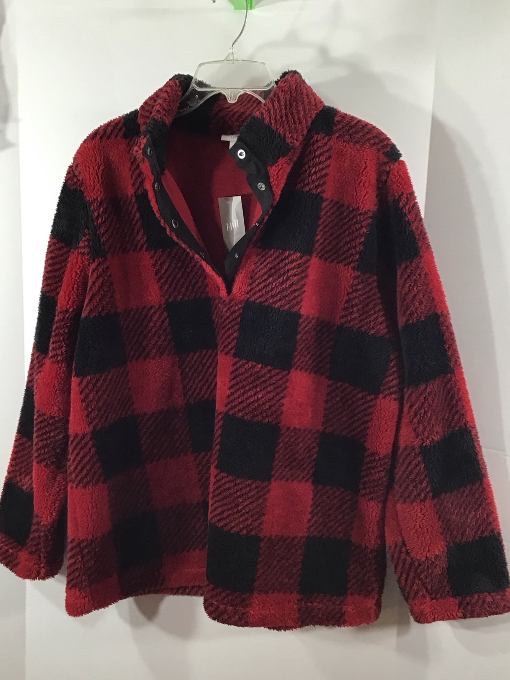 J Jill Red & Black Buffalo Plaid Fleece Pullover Jacket tunic L NWT